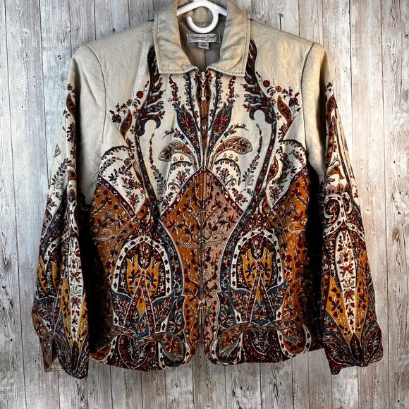 Coldwater Creek Vintage Jacket Womens size PM‎ Rust Orange Tan Floral Boho - Picture 1 of 7